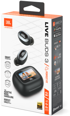 JBL Live Buds 3 doboz, a doboz felületén fülhallgatókkal.