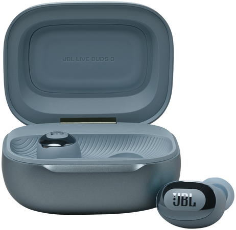 JBL Live Buds 3 fülhallgatók és töltőtok. A tok és a fülhallgatók kékek.