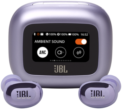 Lila JBL fülhallgatók és töltőtok, beállítások a képernyőn.