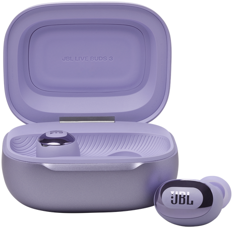 Lila JBL Live Buds 3 fülhallgatók és töltőtok, nyitva, a fülhallgatókat mutatva.