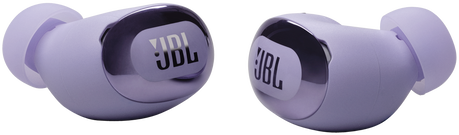 Két lila JBL fülhallgató. A JBL logó látható.