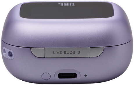 Lila fülhallgató töltőtok "LIVE BUDS 3" felirattal és USB-C porttal.