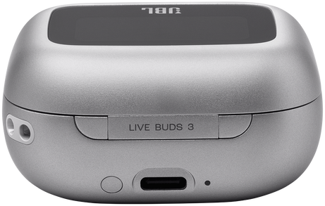 A JBL Live Buds 3 fülhallgató töltőtokja, szögletes nézet.