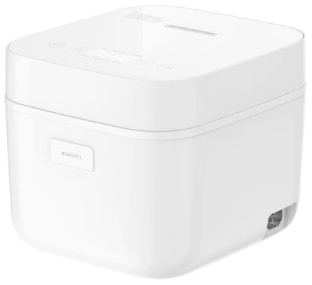 Biały garnek do ryżu z pokrywką i panelem sterowania. Logo Xiaomi jest widoczne.