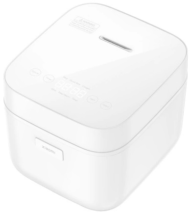 Białe kwadratowe urządzenie z otworem na górze. Posiada przyciski i wyświetlacz cyfrowy. Marka to Xiaomi.