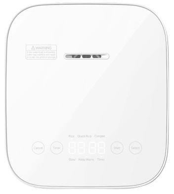 Białe urządzenie z wyświetlaczem cyfrowym i przyciskami sterowania: ryżowar.