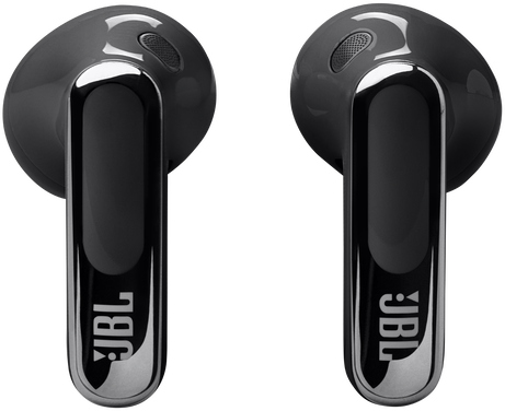 Pár fekete JBL vezeték nélküli fülhallgató. Mindegyik fülhallgatón ezüstös fém részlet van.