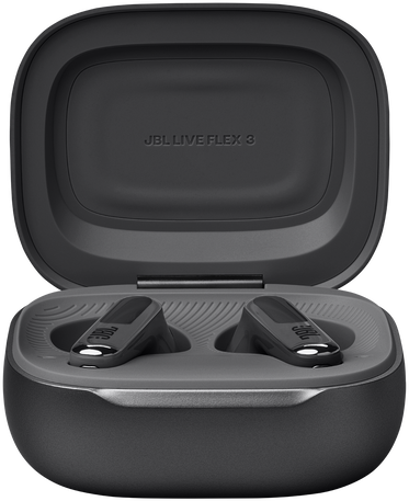JBL Live Flex 3 fülhallgatók töltőtokjukban. A tok nyitva van.