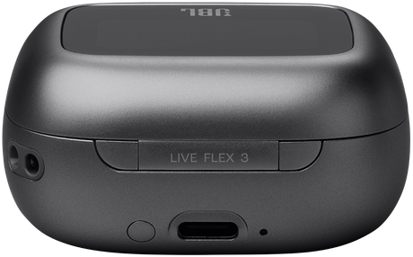Egy szürke JBL töltőtok a LIVE FLEX 3 felirattal és a JBL logóval.