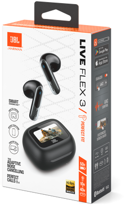 JBL Live Flex 3 fülhallgató doboza. A doboz fülhallgatókat és töltőtokot mutat, a termékjellemzőkkel.