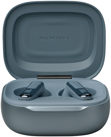 Kék fülhallgatók nyitott tokban. A tok szürke. A 'JBL LIVE FLEX 3' felirat látható.