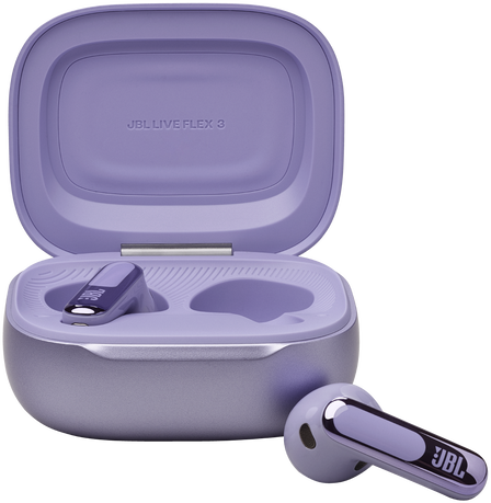 Lila JBL Live Flex 3 fülhallgatók a töltőtokjukban, fehér felületen.