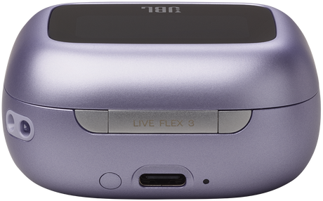 Egy lila JBL fülhallgató tok a "LIVE FLEX 3" felirattal.