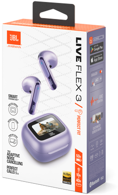 JBL Live Flex 3 fülhallgató doboza. A doboz narancssárga és lila. A fülhallgatók egy lila tokban vannak.