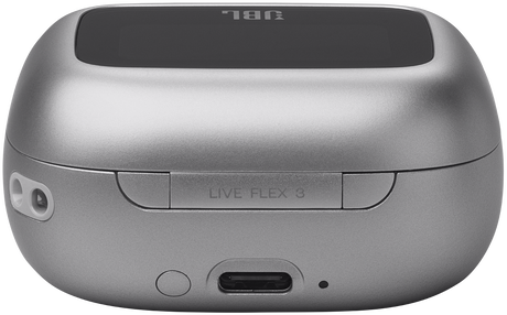 Egy világosszürke JBL töltőtok a LIVE FLEX 3 felirattal és a JBL logóval.