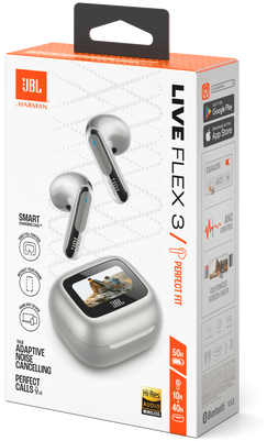 JBL Live Flex 3 fülhallgató doboza. A fülhallgatót, a töltőtokot és a funkciókat mutatja.