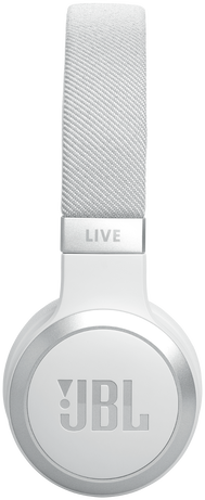 Fehér JBL fejhallgató. A pánt fehér. Látható a 'LIVE' felirat és a JBL logó.
