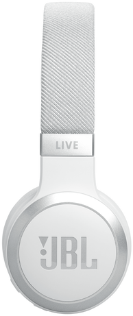 Fehér JBL Live fejhallgató fehér fejpánttal és a JBL logóval a fülkagylókon.