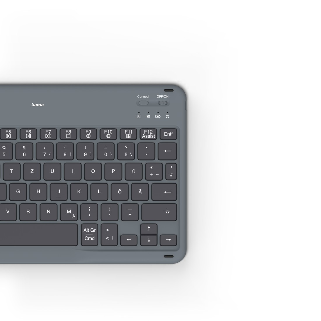 Graue Tastatur mit weißen Tasten und einigen Funktionstasten.