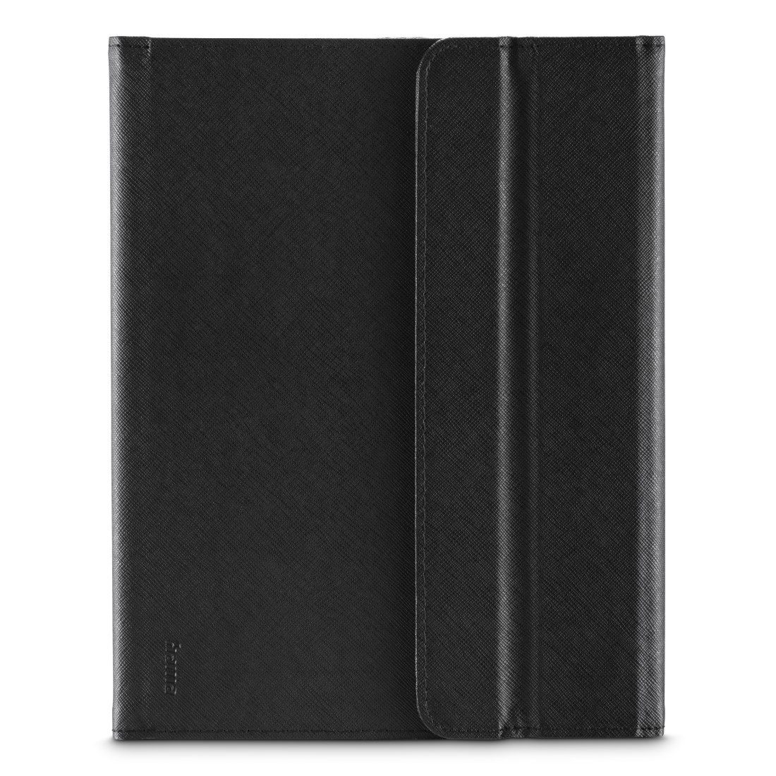Ein geschlossenes schwarzes Tablet-Etui mit strukturierter Oberfläche.