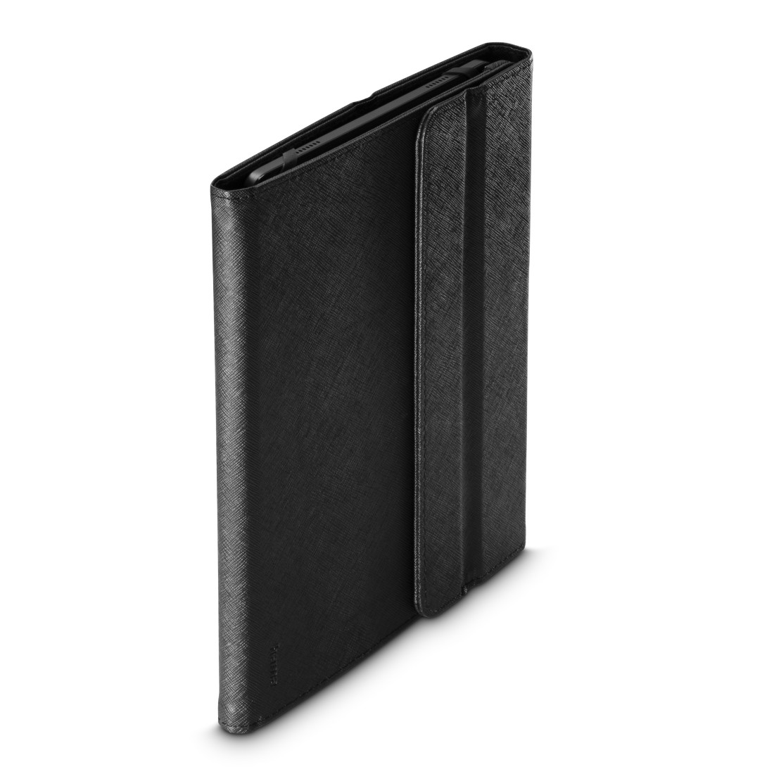 Schwarze Tablet-Hülle. Lederartige Textur. Geschlossen, Seitenansicht. Minimalistisches Design. Weißer Hintergrund.