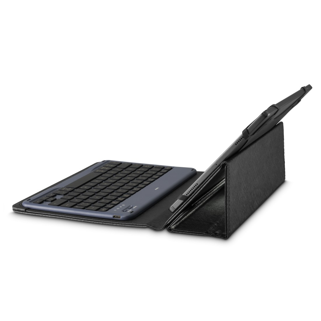 Tablet mit Tastaturhülle, schwarz und blau.