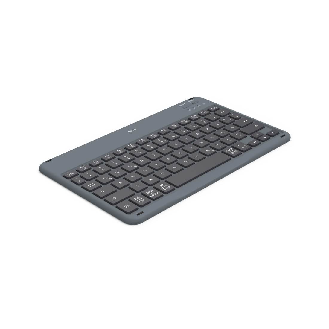 Graue Tastatur auf weißem Hintergrund. Die Tasten sind schwarz und oben befinden sich Funktionstasten.