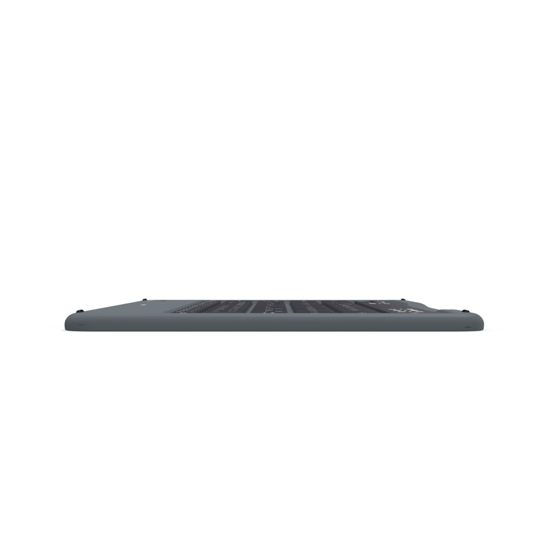 Die Seitenansicht eines Laptops mit Tastatur, auf einer ebenen Fläche liegend.