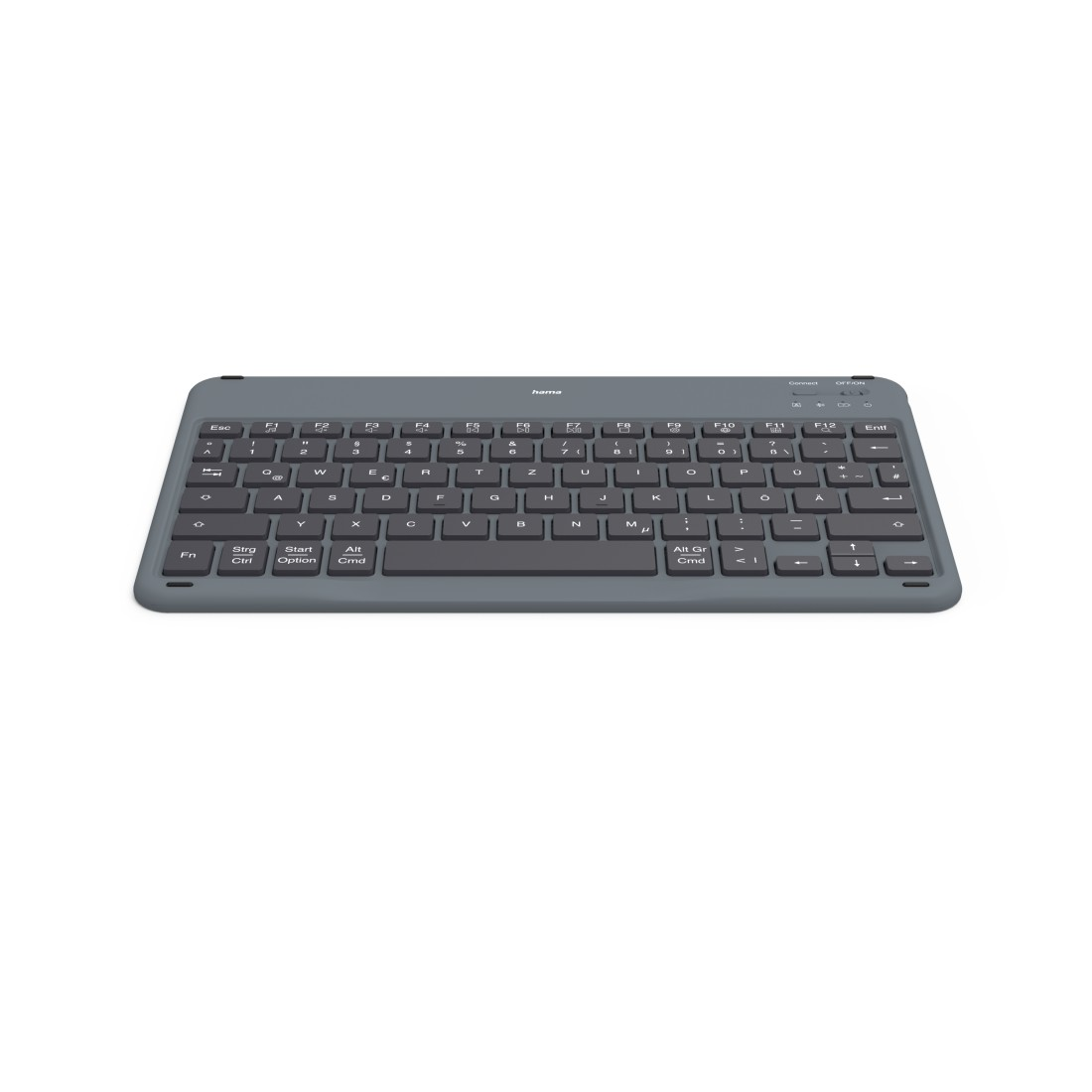 Gefaltete graue Tastatur mit sichtbaren Tasten und einem Netzschalter.