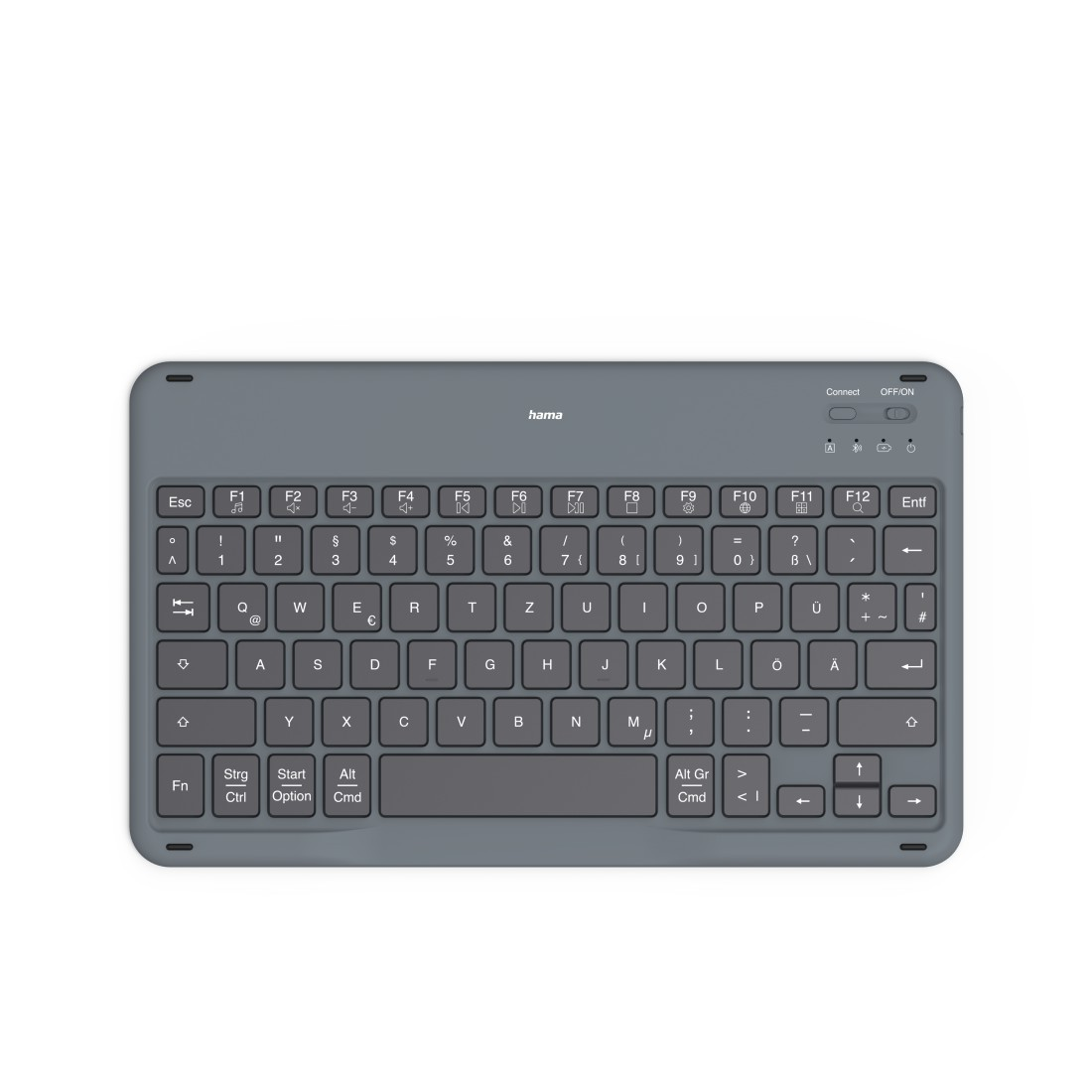 Graue Hama-Tastatur mit weißen Tasten, vor weißem Hintergrund, Draufsicht.