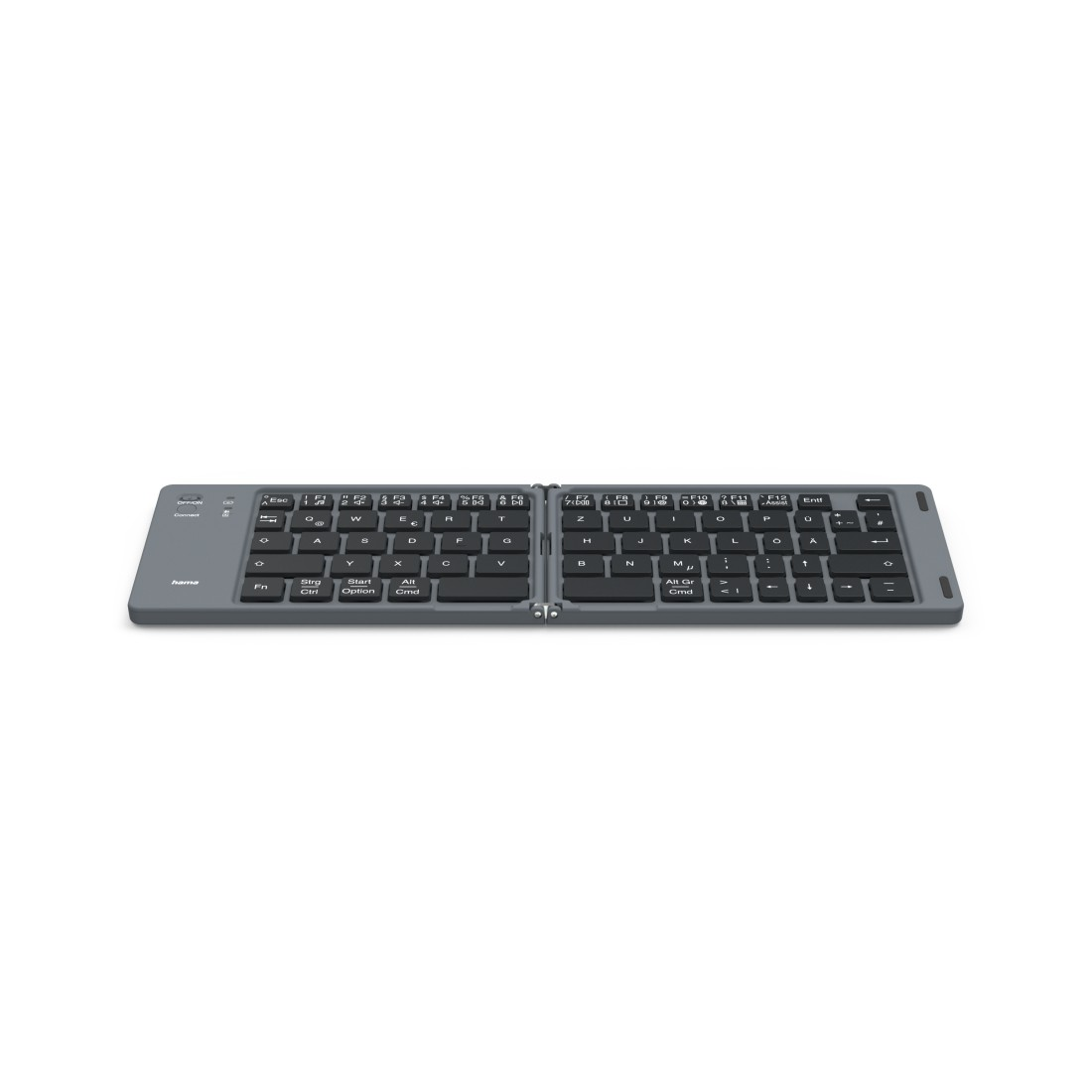 Eine graue Falt-Tastatur ist geöffnet und auf einer weißen Oberfläche einsatzbereit.