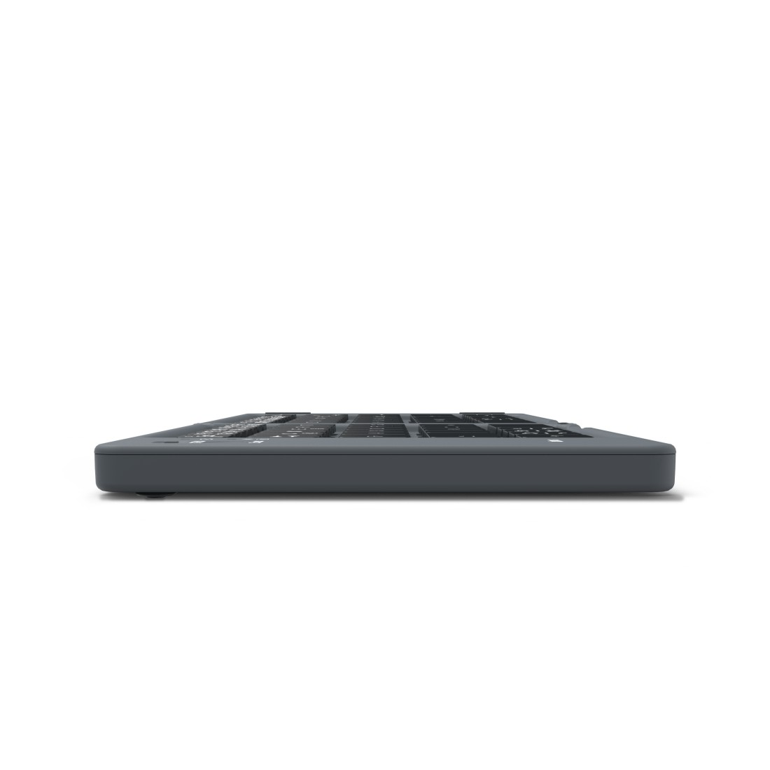 Dunkelgraue Tastatur, von der Seite gesehen. Die Tasten sind oben sichtbar, auf weißem Hintergrund.