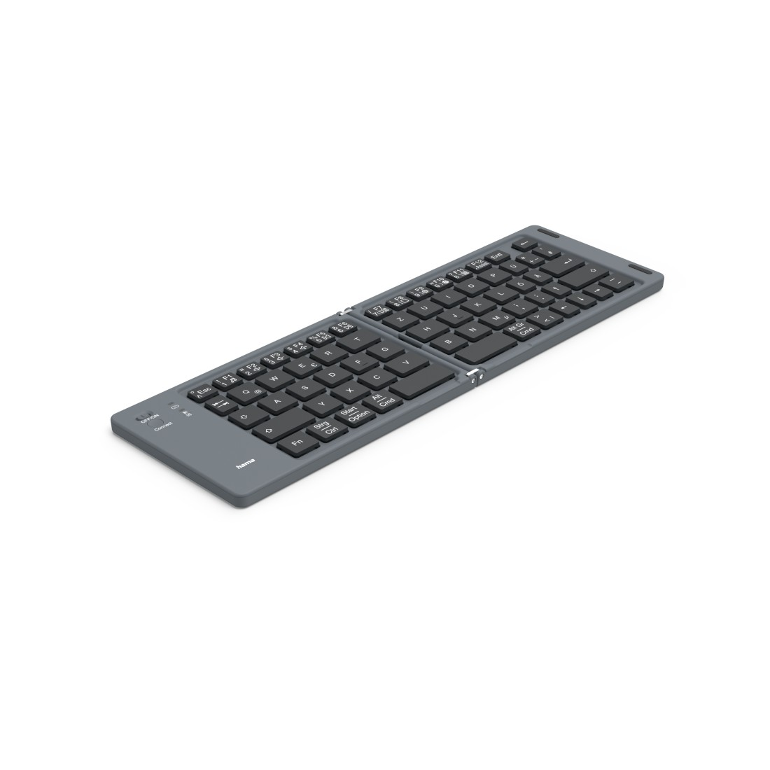 Eine gefaltete graue Hama-Tastatur auf weißem Hintergrund.