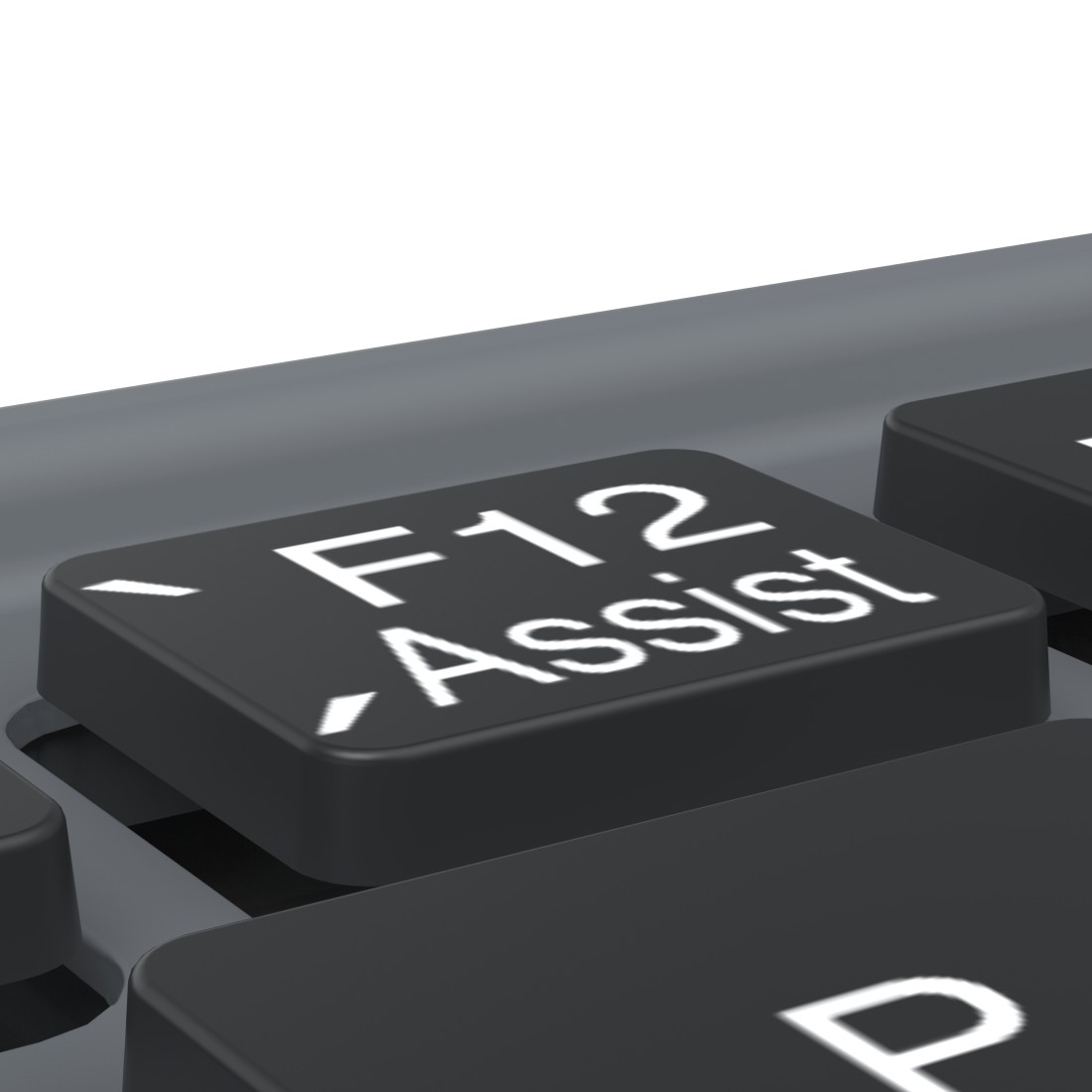 Nahaufnahme einer Laptop-Tastatur, wobei die F12 Assist-Taste hervorgehoben ist.