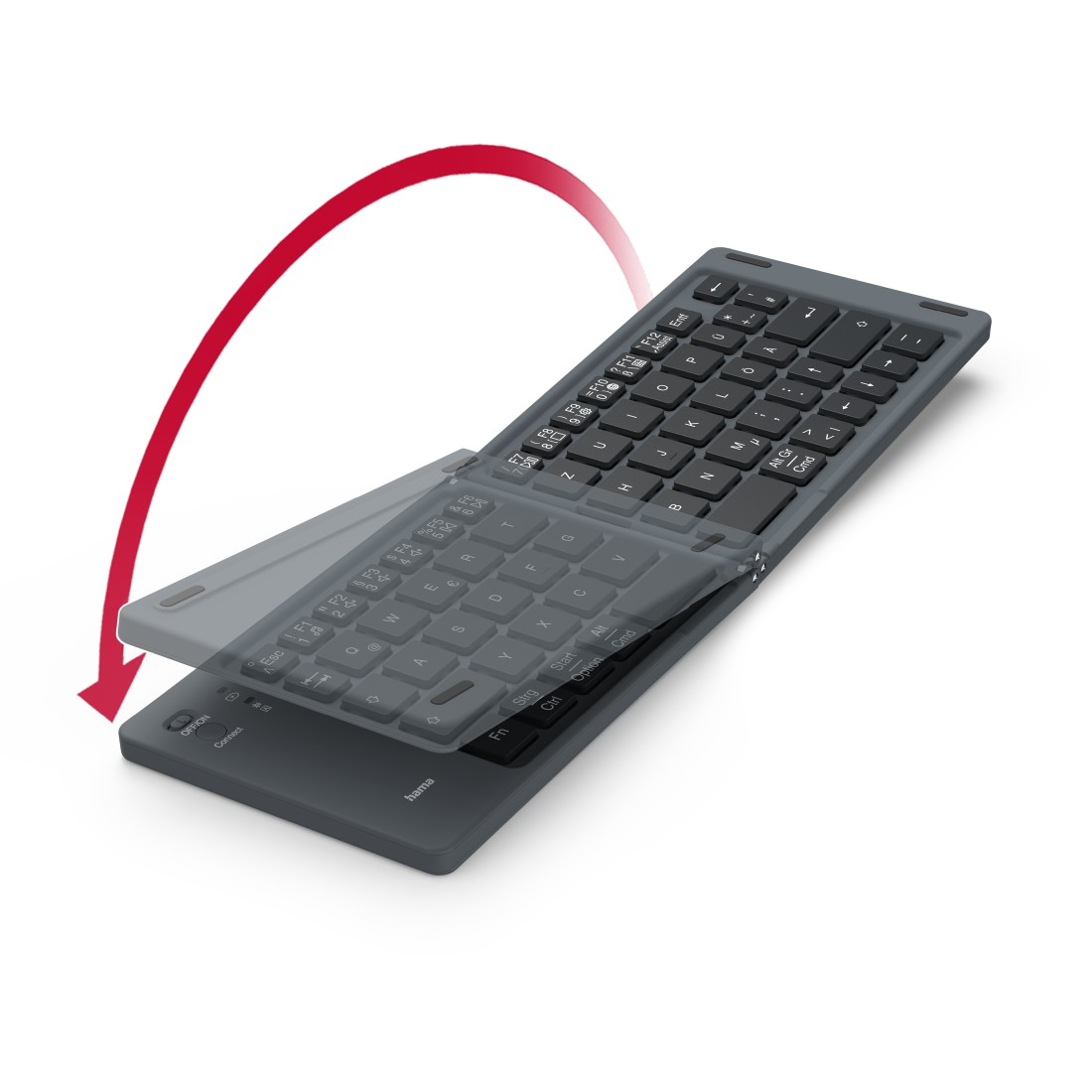 Graue, faltbare Tastatur, teilweise aufgeklappt. Hat einen roten Pfeil, der die Bewegung anzeigt.