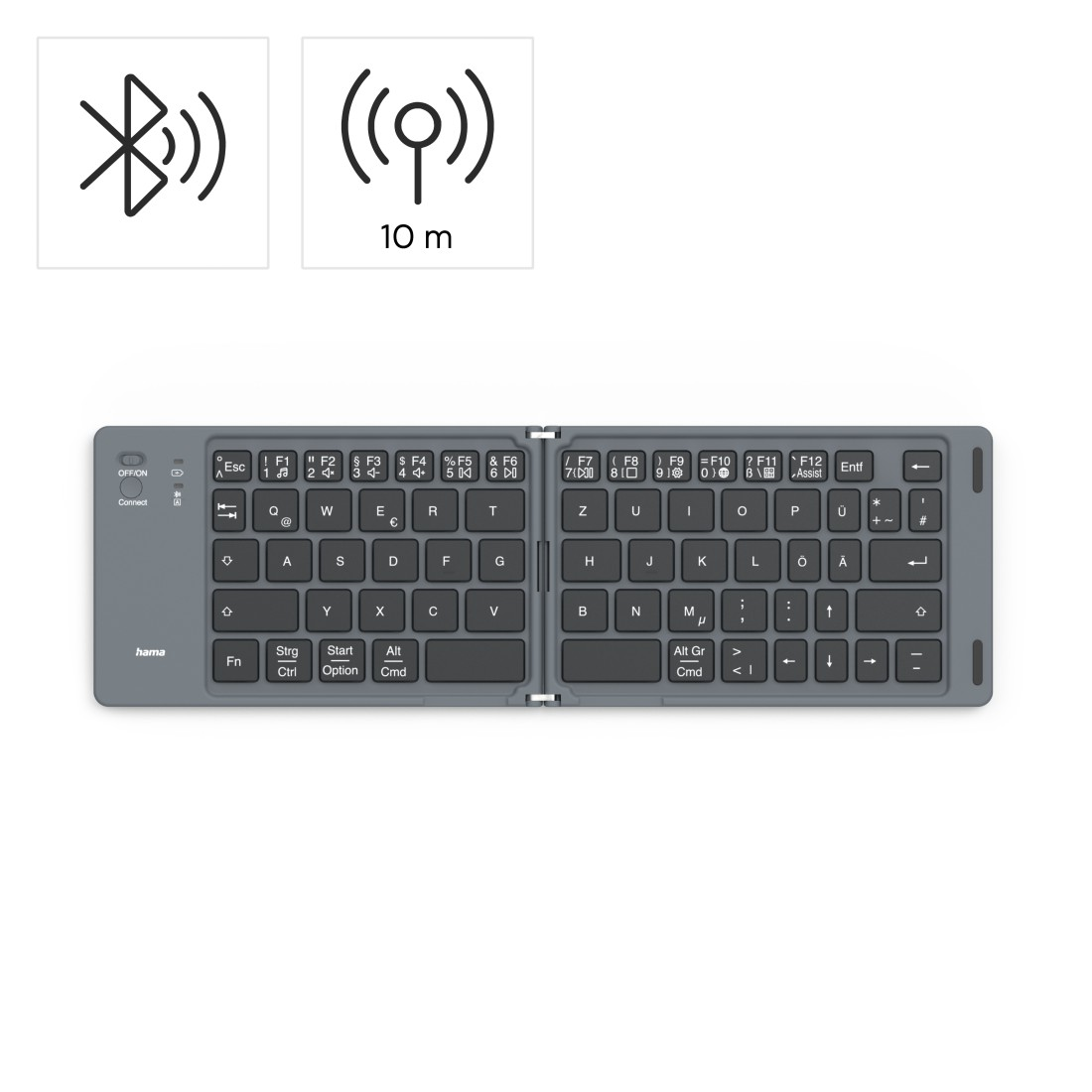 Faltbare graue Tastatur mit Tasten und Bluetooth- und Verbindungssymbolen.