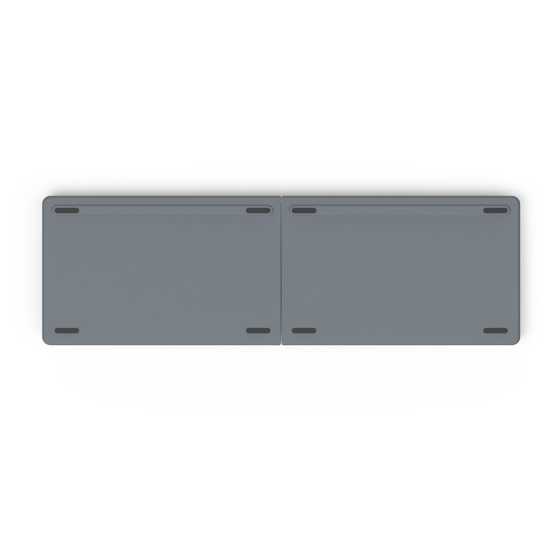 Graue Tastatur mit schwarzen Füßen von oben, auf weißem Hintergrund.