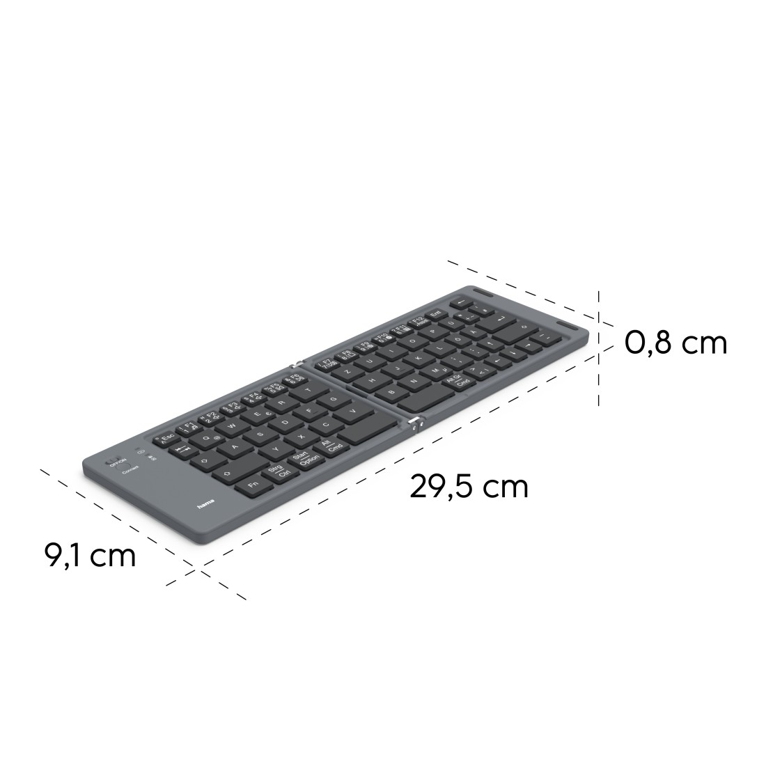 Graue, faltbare Tastatur mit Maßangaben. Maße sind 29,5 cm x 9,1 cm x 0,8 cm.