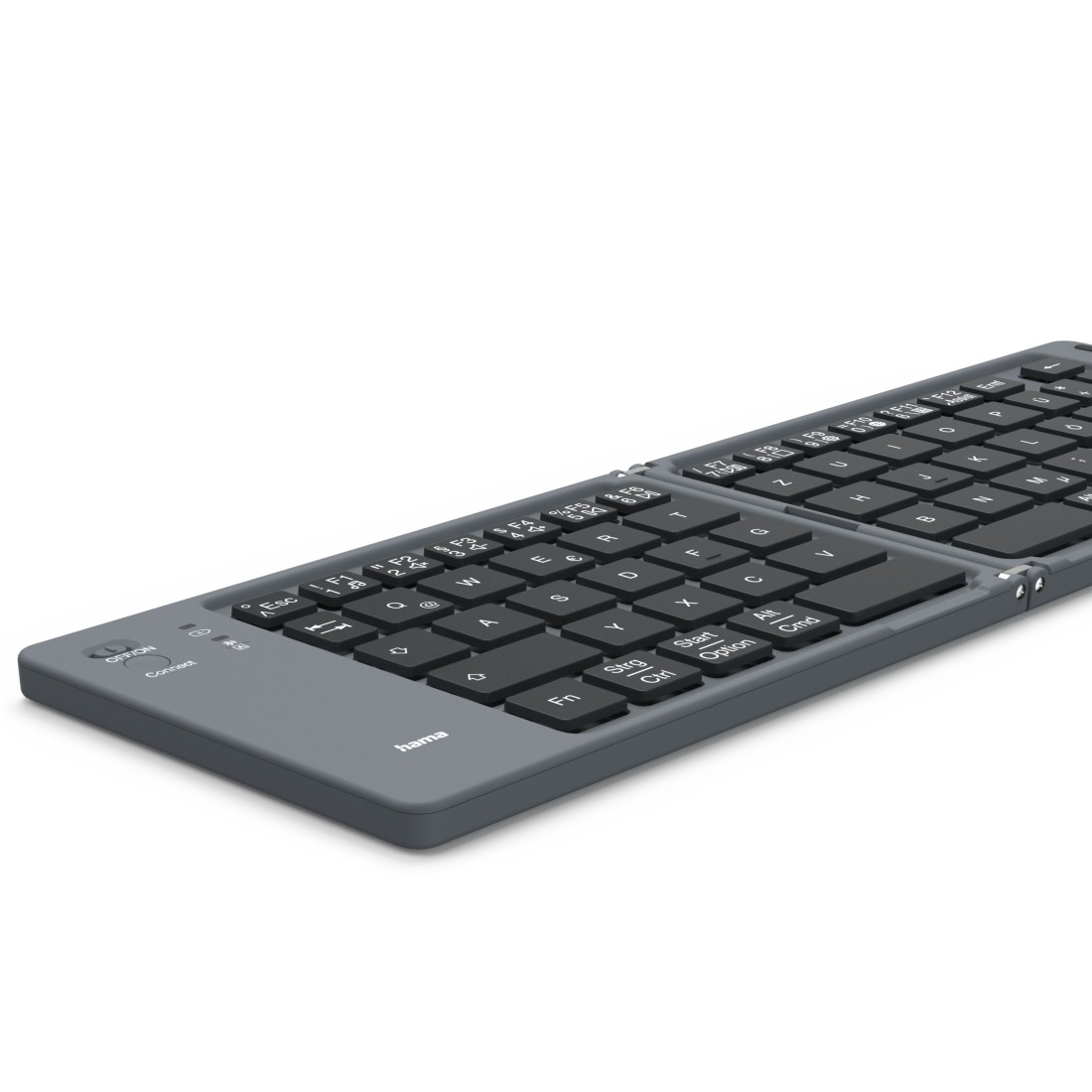 Faltbare graue Tastatur auf weißem Hintergrund.