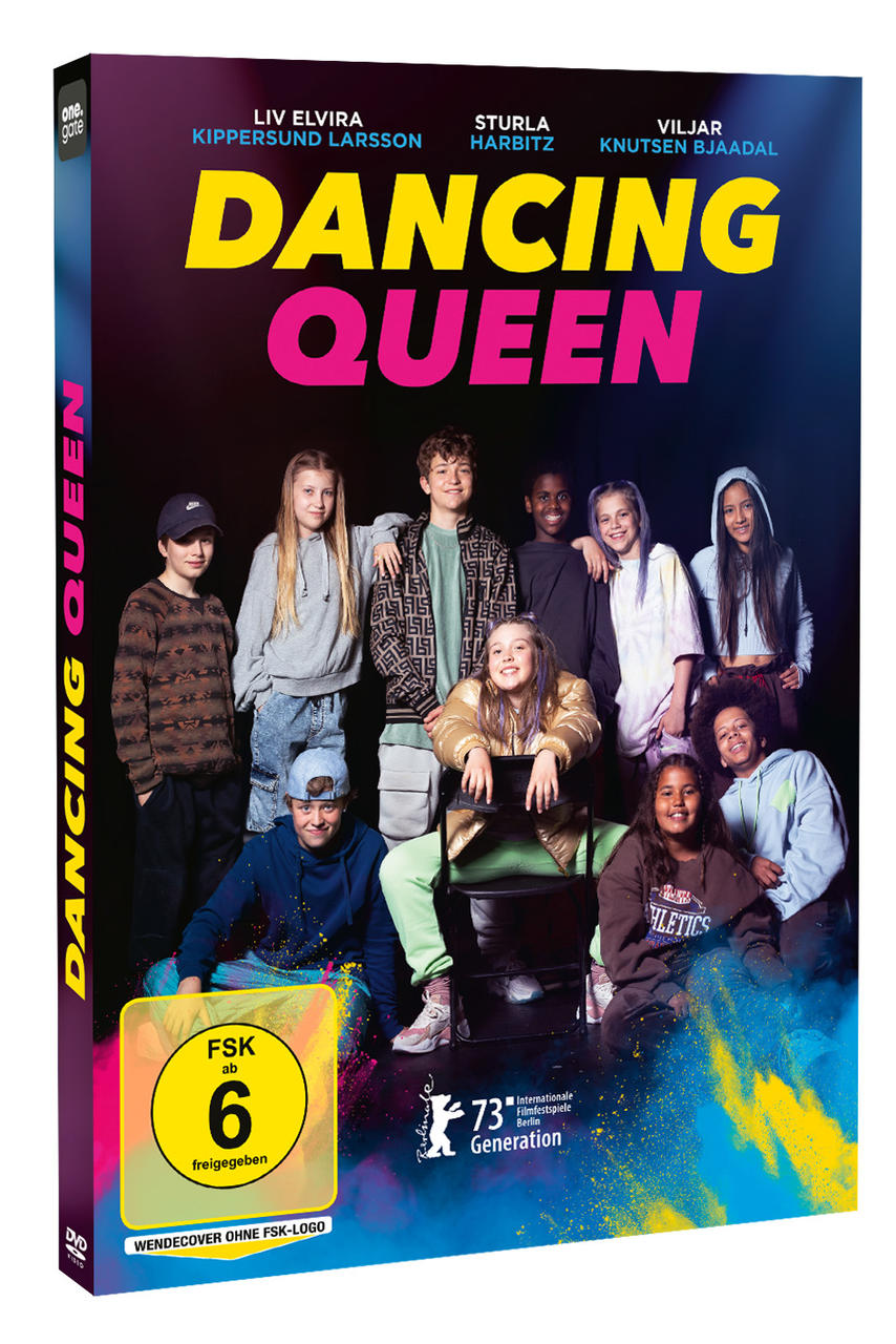 DVD-Cover mit einer Gruppe junger Leute, dem Titel "Dancing Queen" und einem Bewertungsschild.