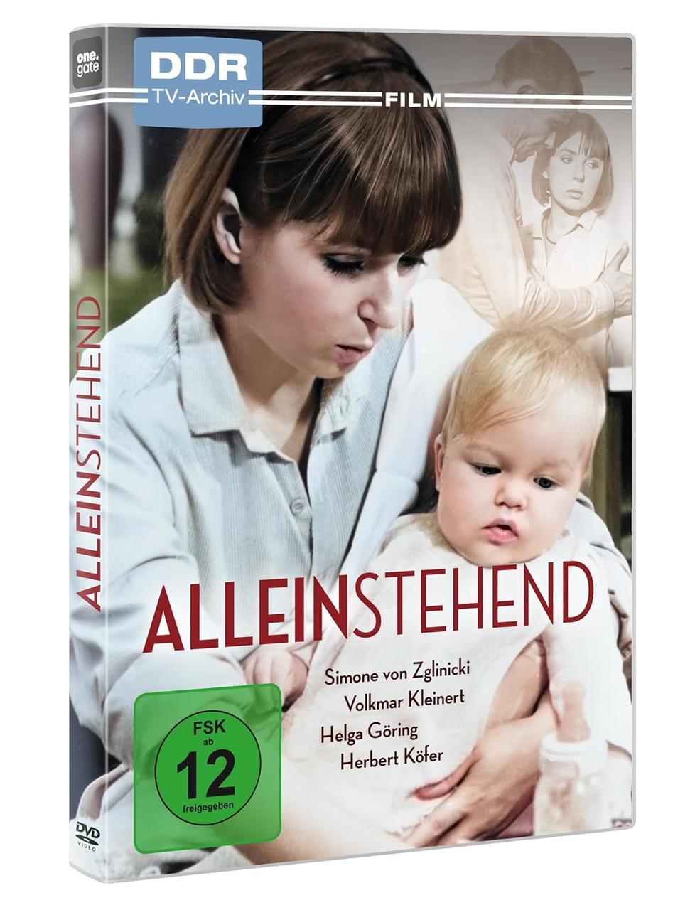 DVD-Cover eines Films. Eine Frau hält ein Baby. Text: 'ALLEINSEHEND' und Schauspielernamen.