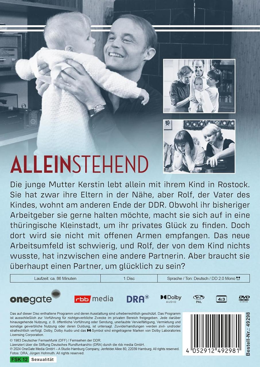 DVD-Cover: Ein Mann hält ein Baby und lächelt in die Kamera. Text auf Deutsch. Die DVD trägt den Titel 'ALLEINSTEHEND'.