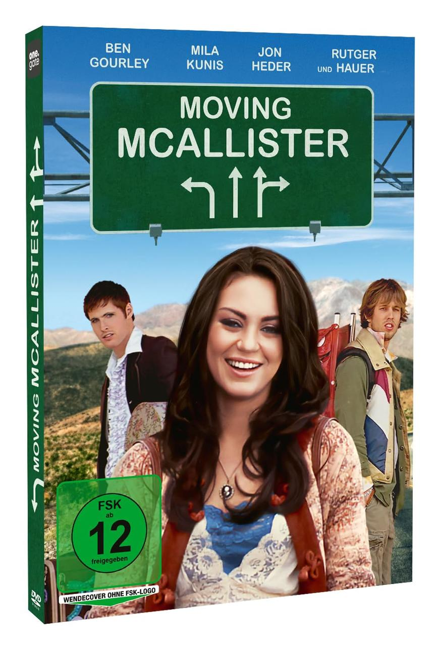 Das DVD-Cover von "Moving Mcallister" mit Mila Kunis und anderen Schauspielern, mit einer Straßenschild-Grafik.