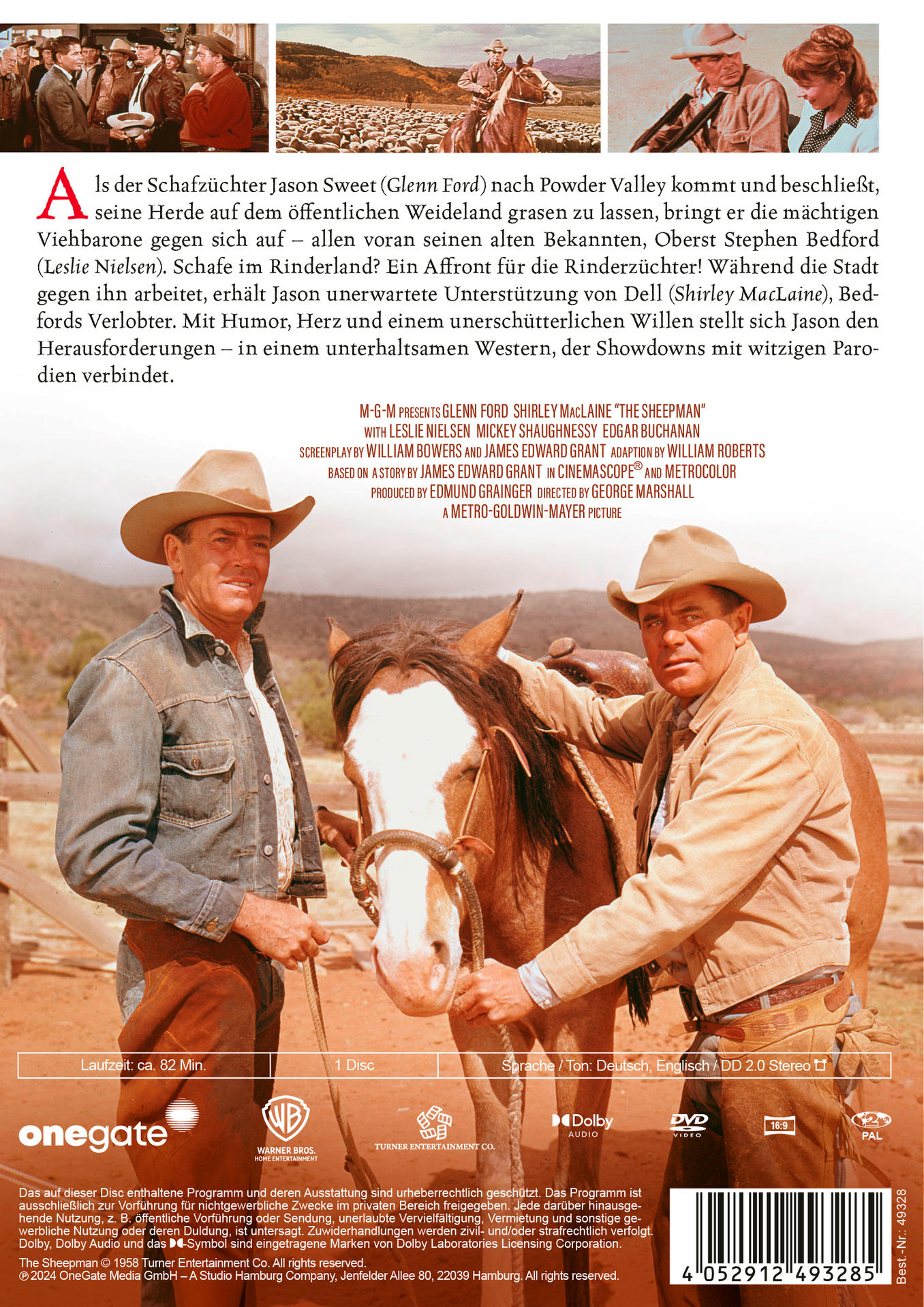 DVD-Cover: Zwei Männer in Cowboyhüten und -kleidung mit einem Pferd. Titel: The Sheepman.