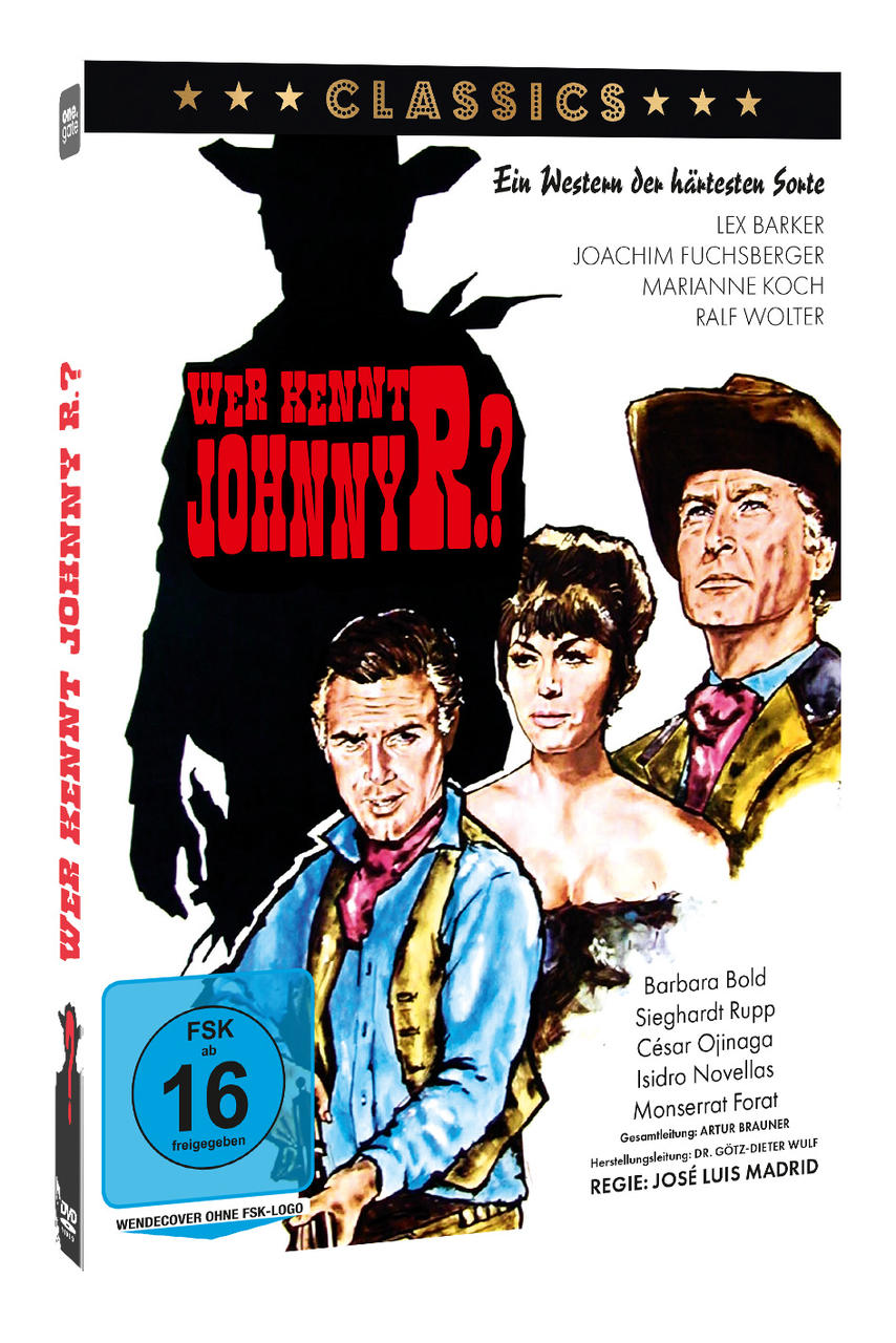 Filmposter: Westernfilm mit drei Cowboys und dem Titel 'Wer Kennt Johnny R?'.