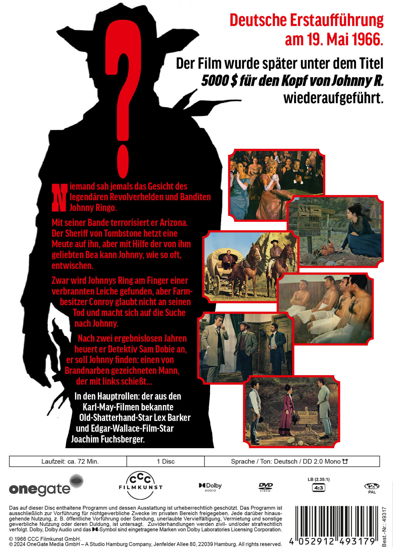 Filmposter mit Cowboy-Silhouette, Fragezeichen und Text auf Deutsch. Vintage-Stil.