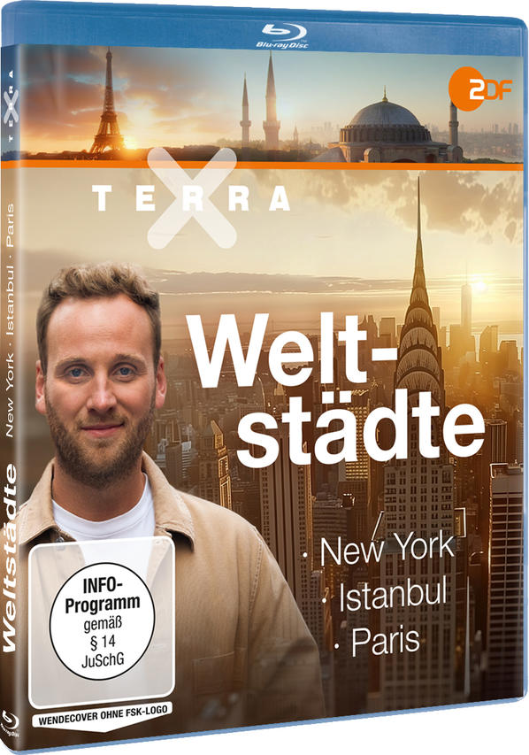 DVD-Cover: Ein Mann mit einem Lächeln vor einer Skyline. Der Titel lautet 'Weltstädte'.