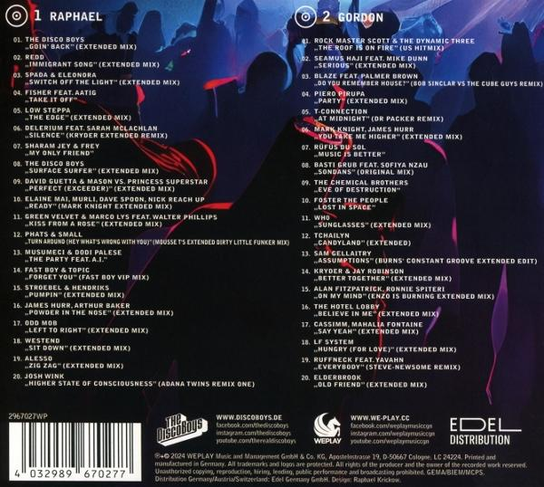 Rückseite einer Musik-CD. Sie hat eine Titelliste mit Künstlernamen und Songtiteln.