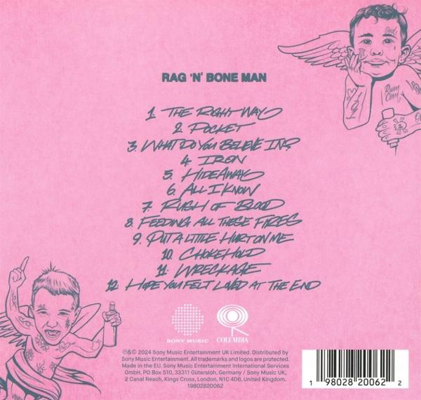 Rag'n'Bone Man Albumcover, pinker Hintergrund, mit Titelliste und Zeichnung eines Engels.