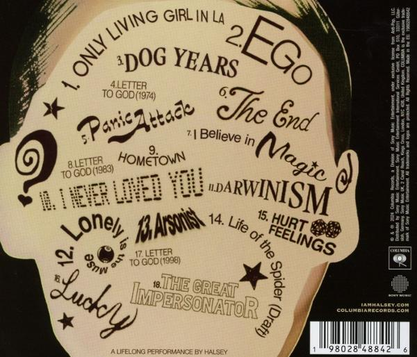 Albumcover mit Gesicht, Songtiteln und Text. Halseys 'A Lifelong Performance'.